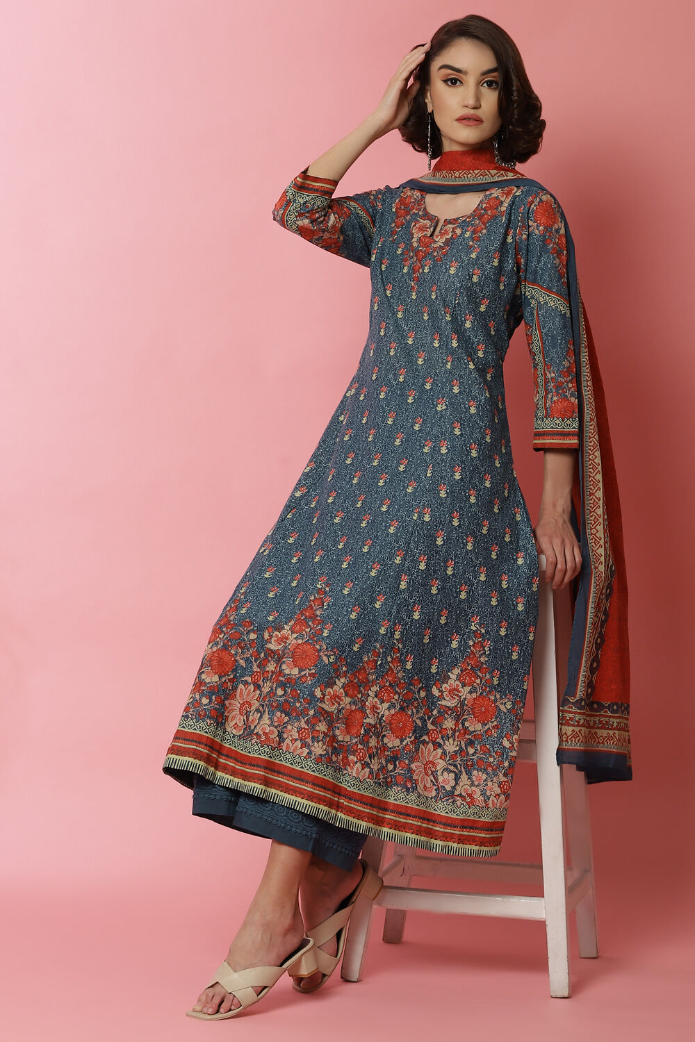 Blue Cotton Kalidar Kurta Palazzo Suit Set image number 4