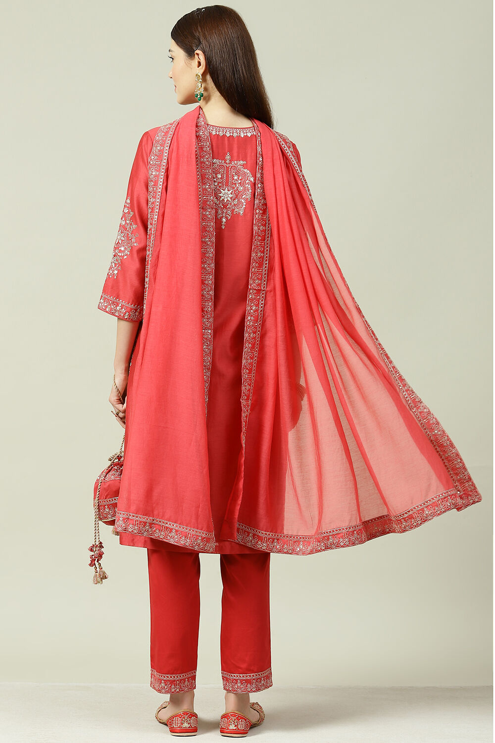 Coral Red Straight Kurta Pants Suit Set image number 4