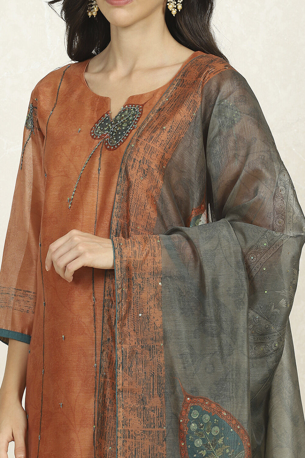 Rust Chanderi Unstitched Suit Set image number 2
