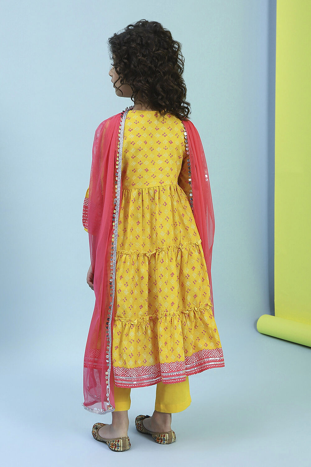 Yellow Cotton Printed Tiered Suit Set image number 4