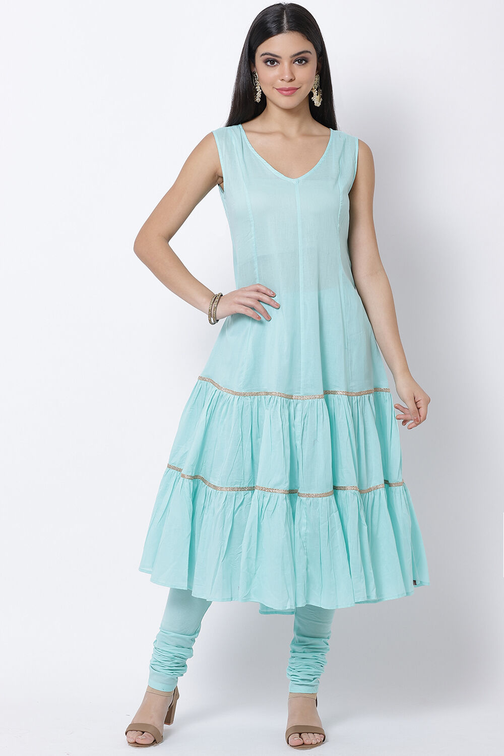 Sky Blue Poly Cotton Flared Kurta Churidar Suit Set image number 4