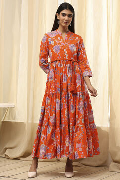 Orange Cotton Floral Tiered Dress image number 5