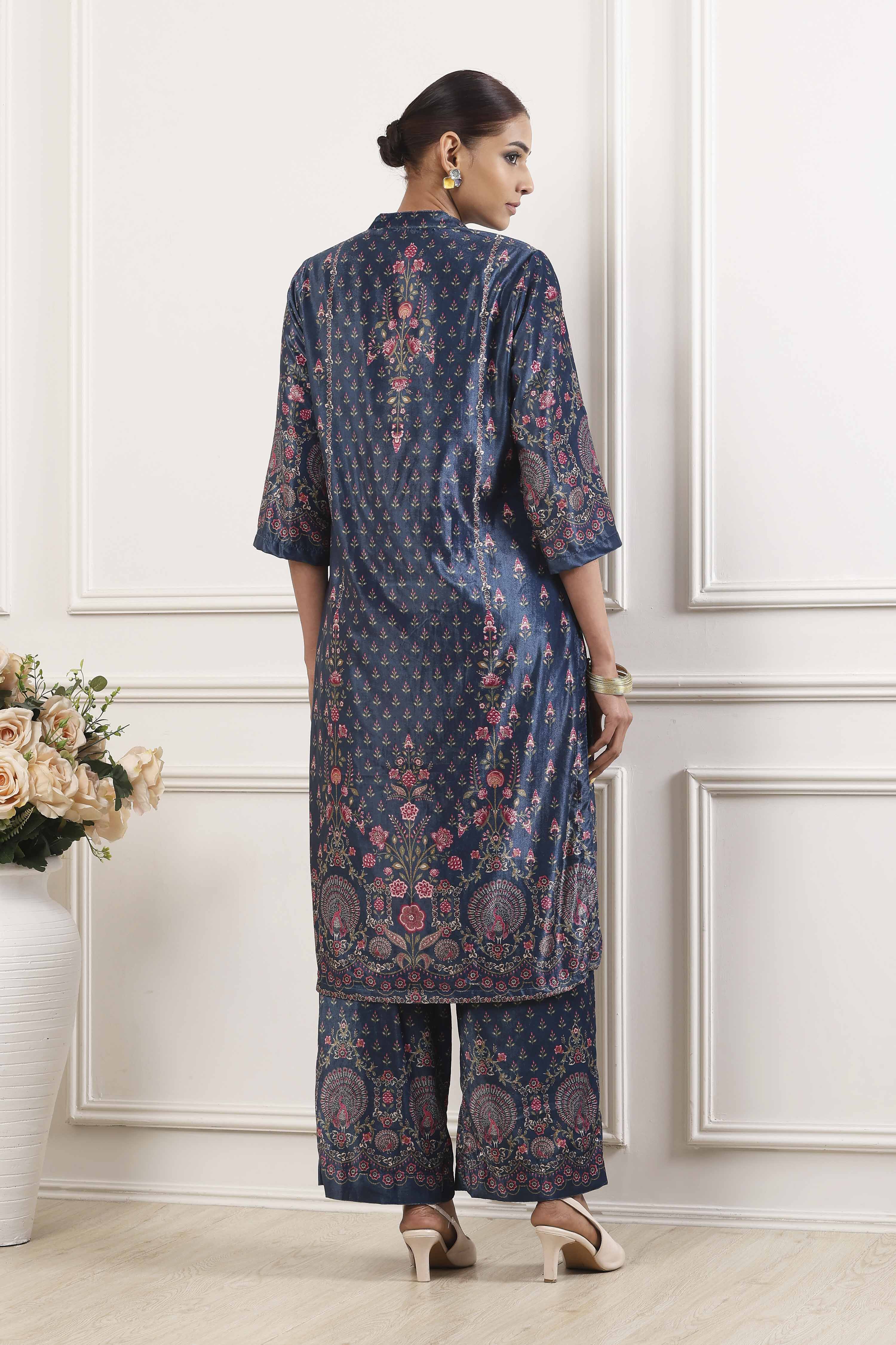 Navy Polyester Straight Printed Suit Set image number 3