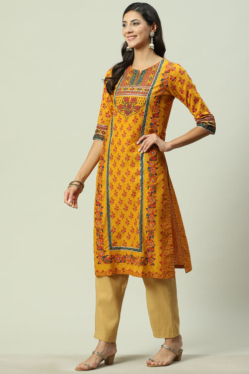 Mustard Cotton Straight Printed Kurta image number 2