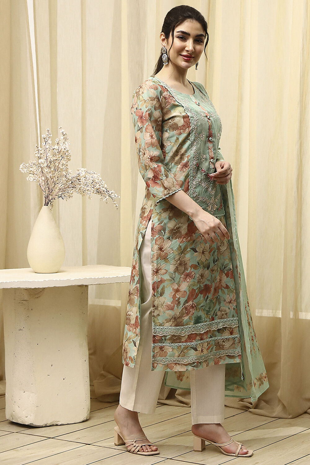 Teal Muslin Digital Print Unstitched Suit Set image number 6