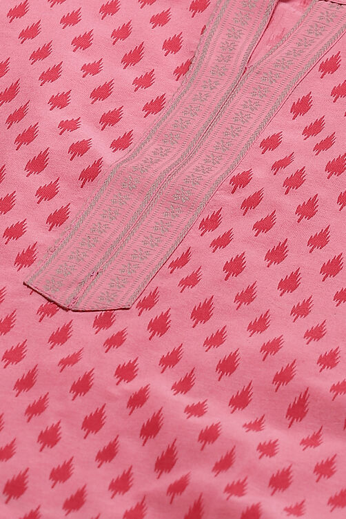 Pink Cotton Screen Print Unstitched Suit Set image number 1