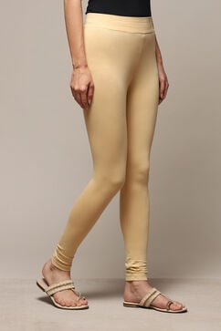 Beige Cotton Blend Solid Leggings image number 3