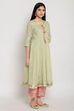 Light Green Cotton Anarkali Kurta Palazzo Suit Set image number 4