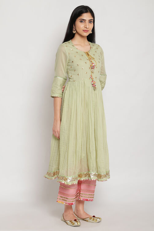 Light Green Cotton Anarkali Kurta Palazzo Suit Set image number 4