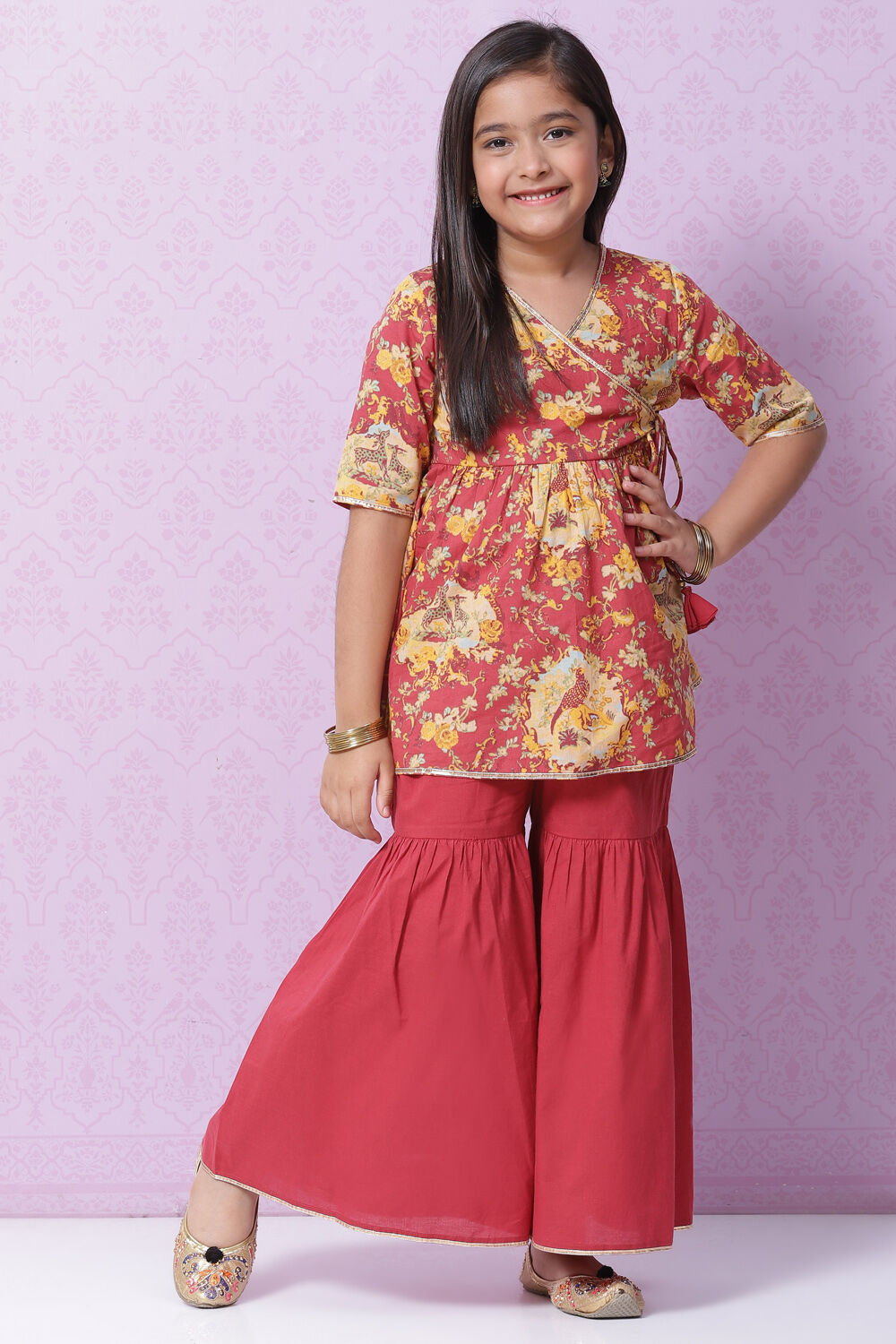 Red Cotton Flared Printed Kurta Set image number 0