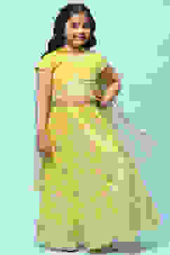 Lime Yellow Poly Chanderi Floral Lehenga Set image number 0