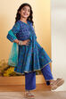 Green & Blue Cotton Printed Anarkali Kurta Set image number 6