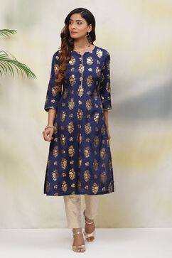 Navy Blue Straight Viscose Kurta image number 2