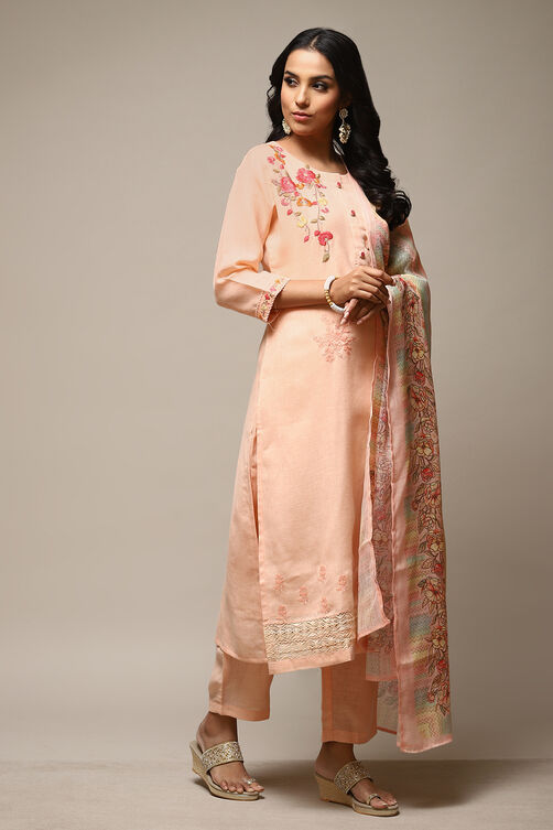 Peach Linen Machine Embroidered Unstitched Suit Set image number 11
