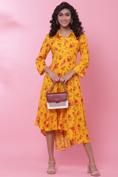 Mango Yellow Rayon Flared Printed Dress image number 5