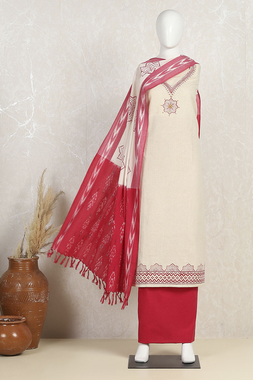 Pink Flex Hand Block Print Unstitched Suit Set image number 4