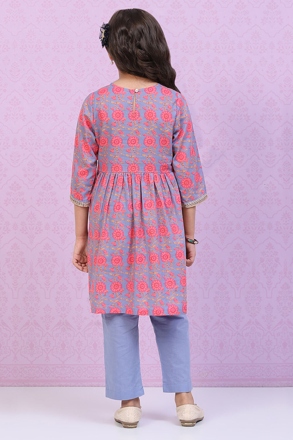 Blue Cotton Straight Printed Kurta Set image number 4