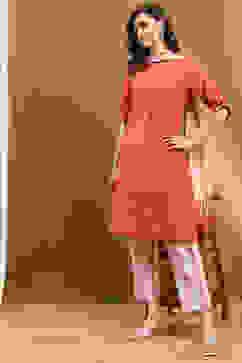 Orange Cotton Printed Straight Suit Set image number 0