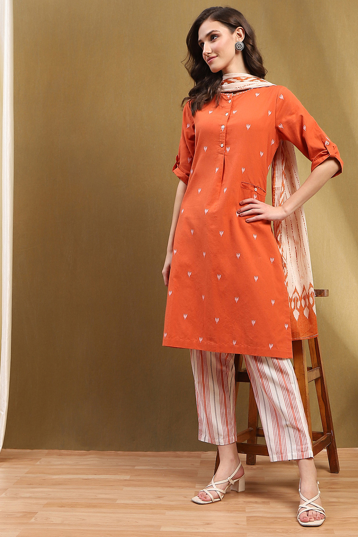 Orange Cotton Printed Straight Suit Set