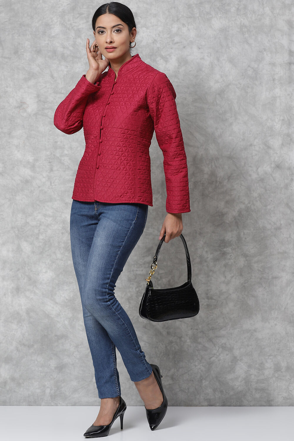 Wine Art Silk Ethnic Printed Jacket at Biba India