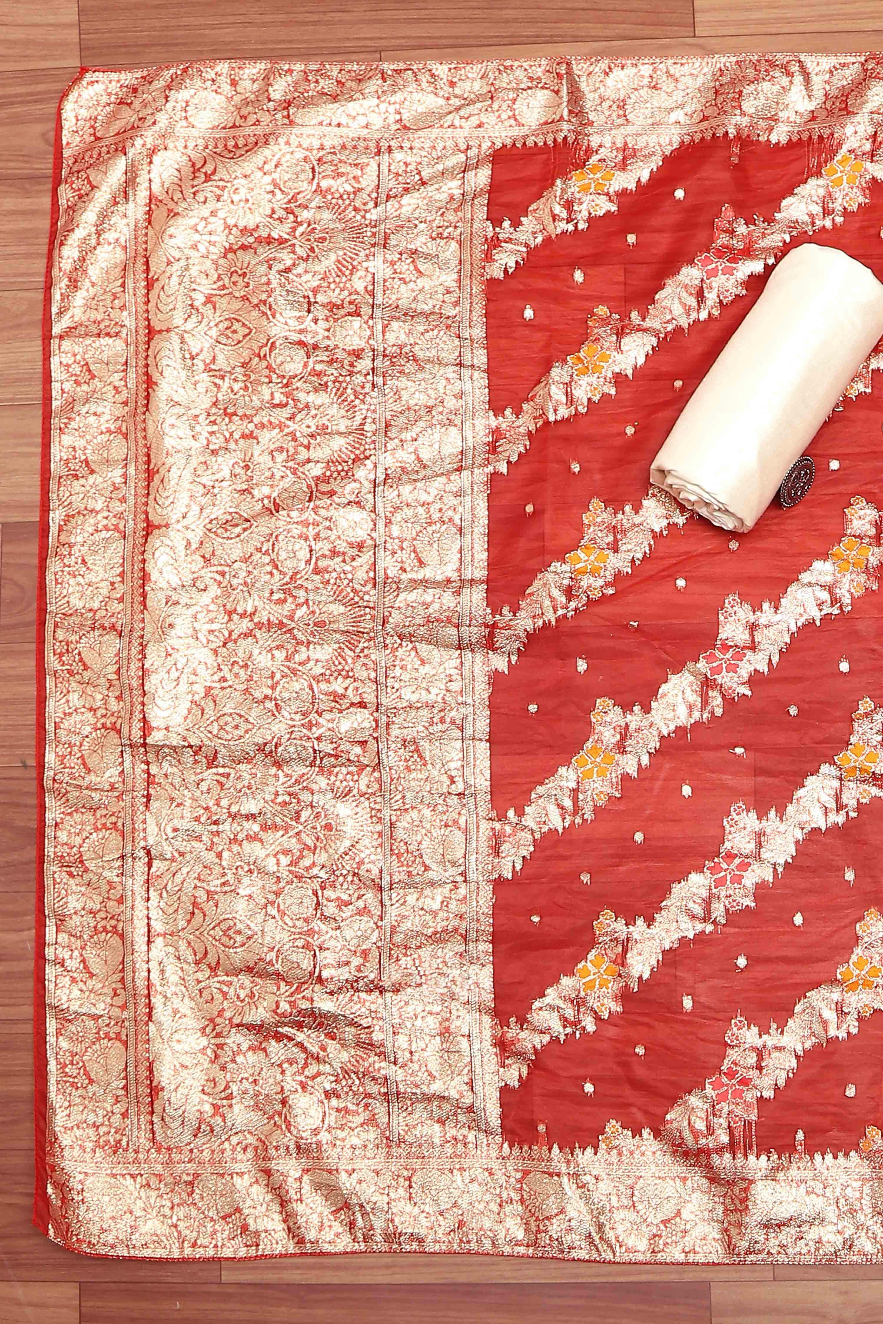 Red Tissue Chanderi Embroidered Unstitched Suit Set image number 3