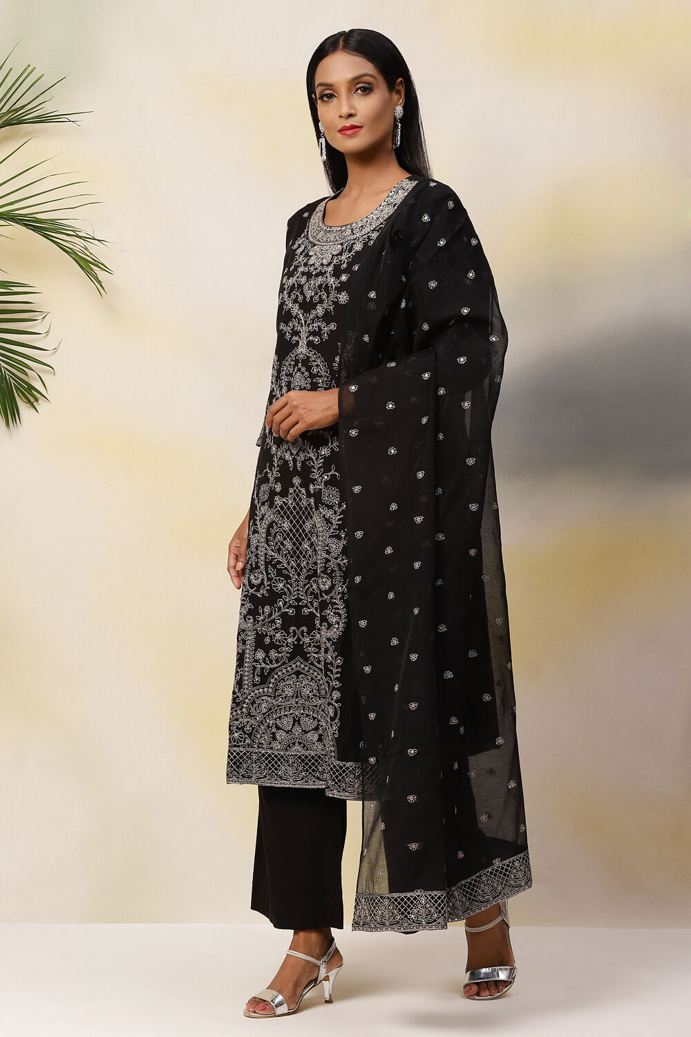 Black Art Silk Straight Kurta Palazzo Suit Set image number 5
