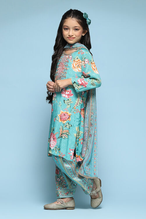 Turquoise Viscose Straight Printed Kurta Salwar Suit Set image number 5