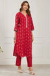 Red Cotton Printed Embroidered A-Line Kurta Set image number 5