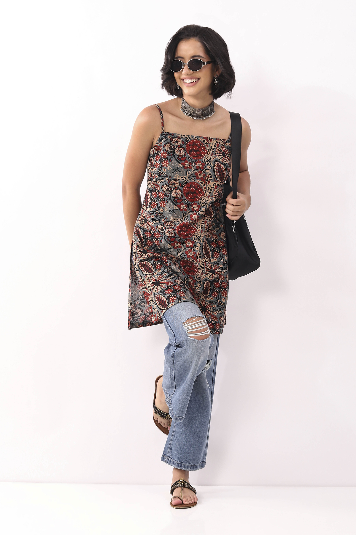 Blue Cotton Printed Short Kurti