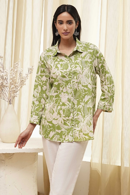 Green Cotton Floral Printed Straight Shirt image number 0