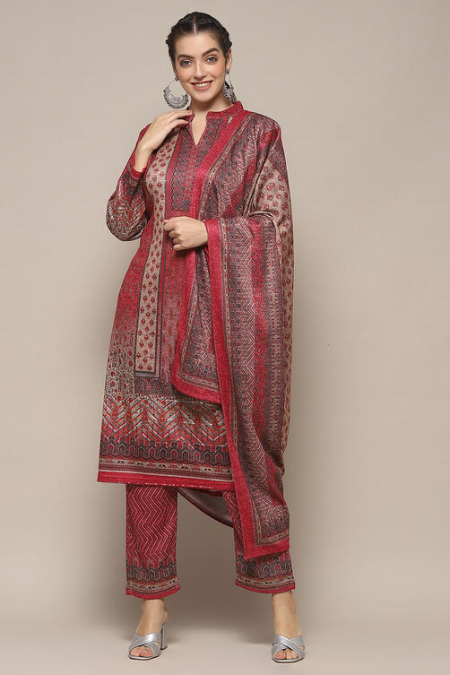 Pink Polyester Straight Printed Kurta Pant Suit Set image number 0