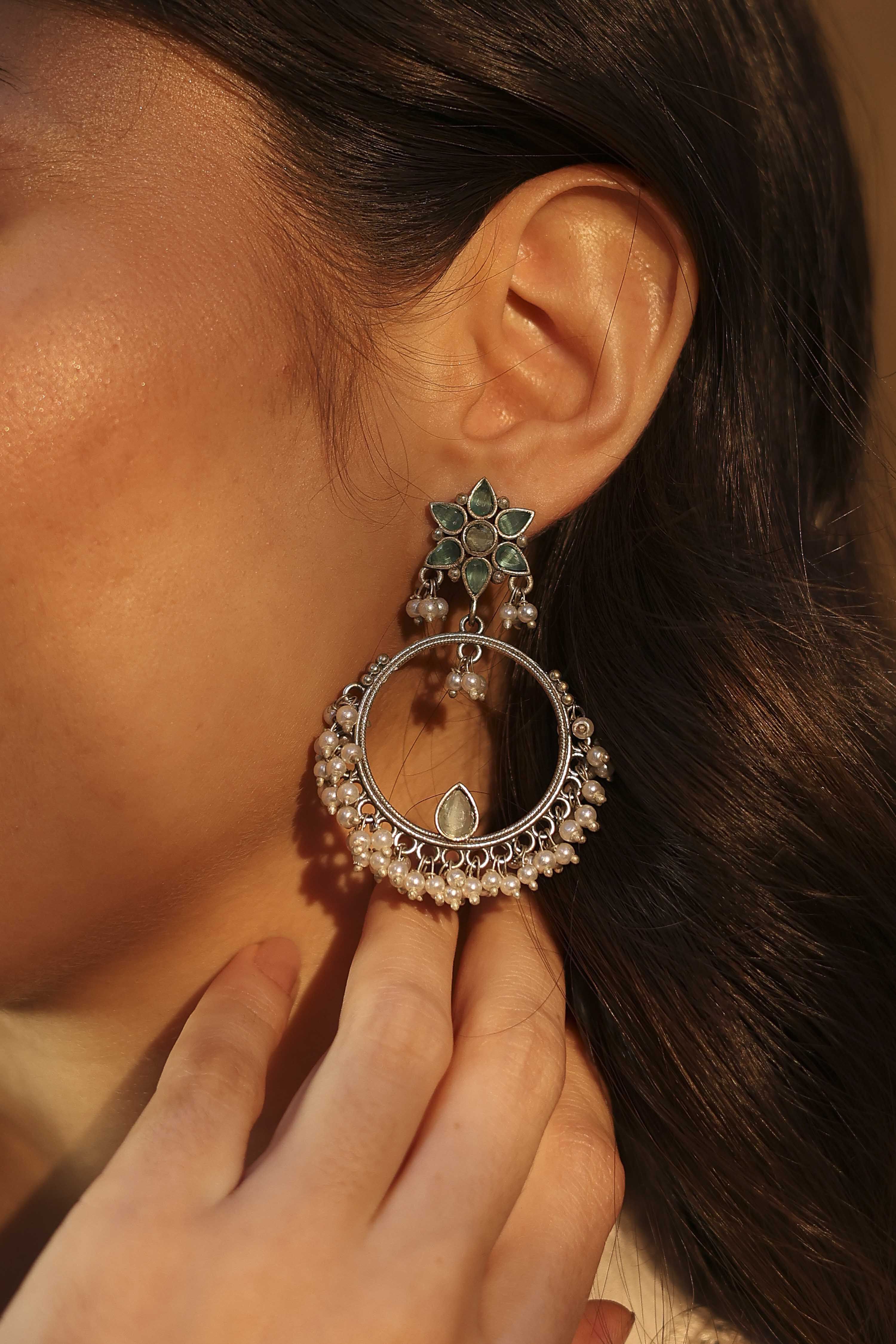 Mint Green Stone Embellished Earrings image number 1