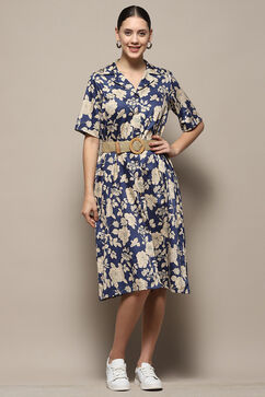 Blue Pure Cotton Floral Printed Straight Dress image number 6