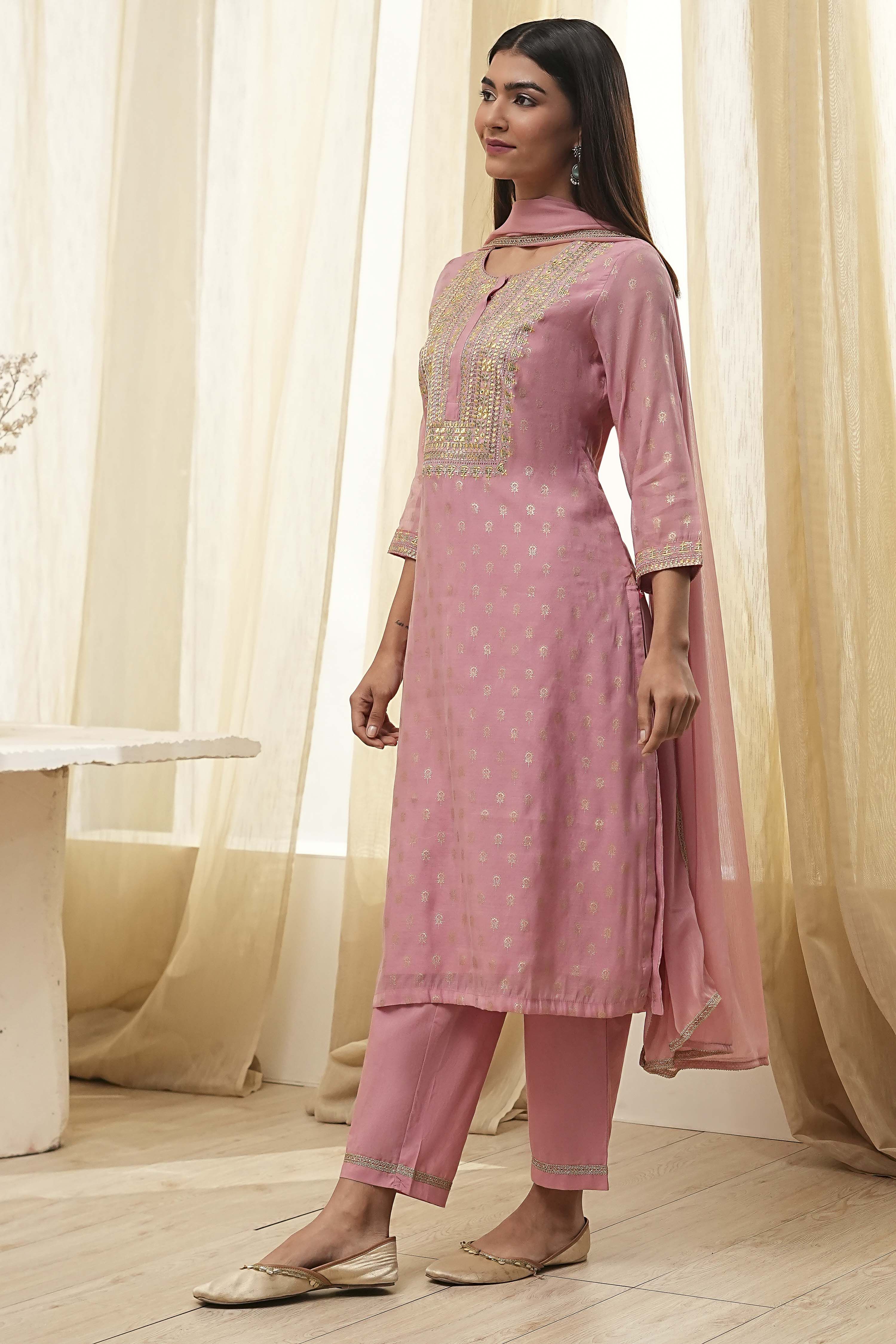 Dull Pink Embroidered Straight Suit Set image number 3