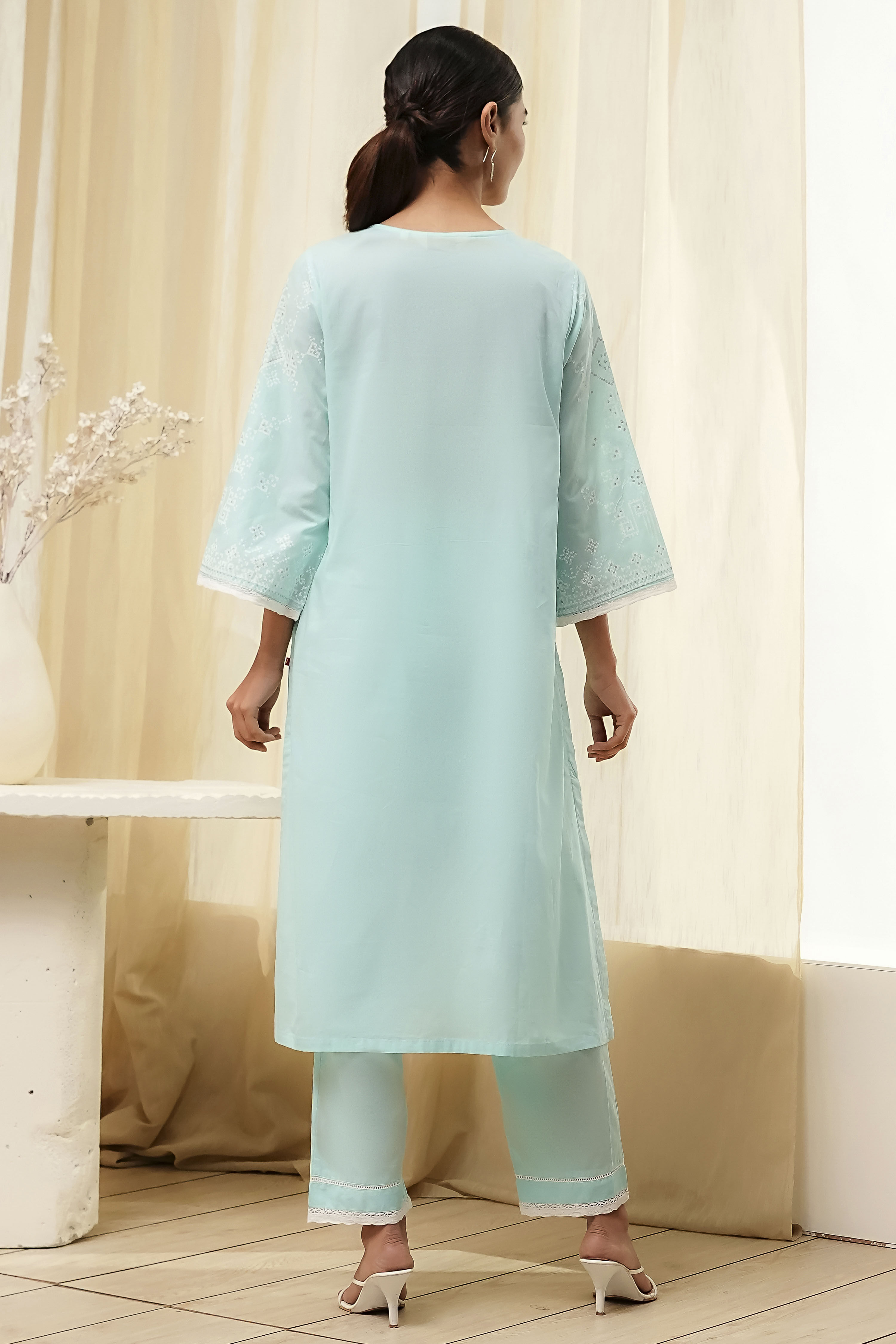 Aqua Cotton Printed Straight Suit Set image number 4