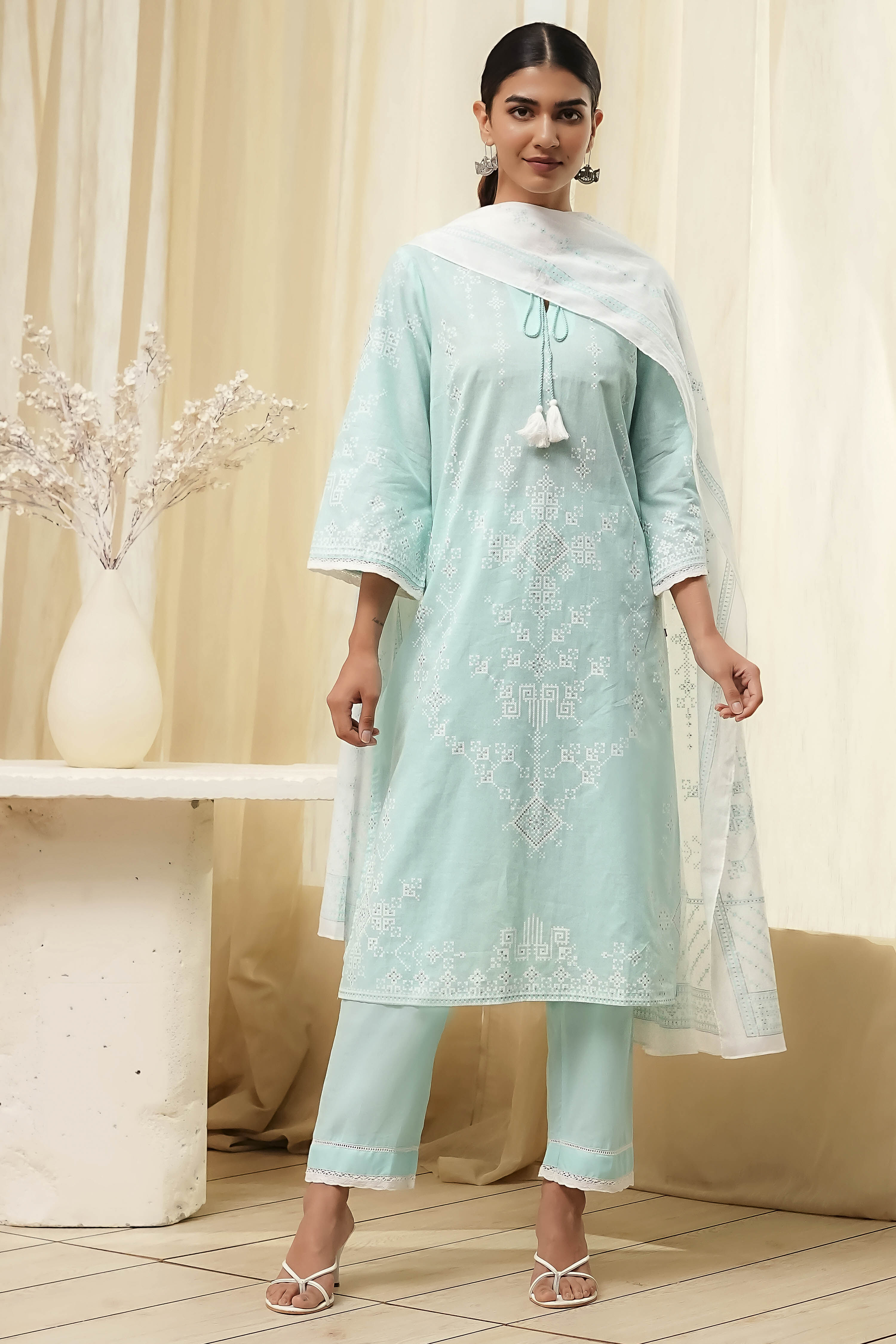Aqua Cotton Printed Straight Suit Set image number 6