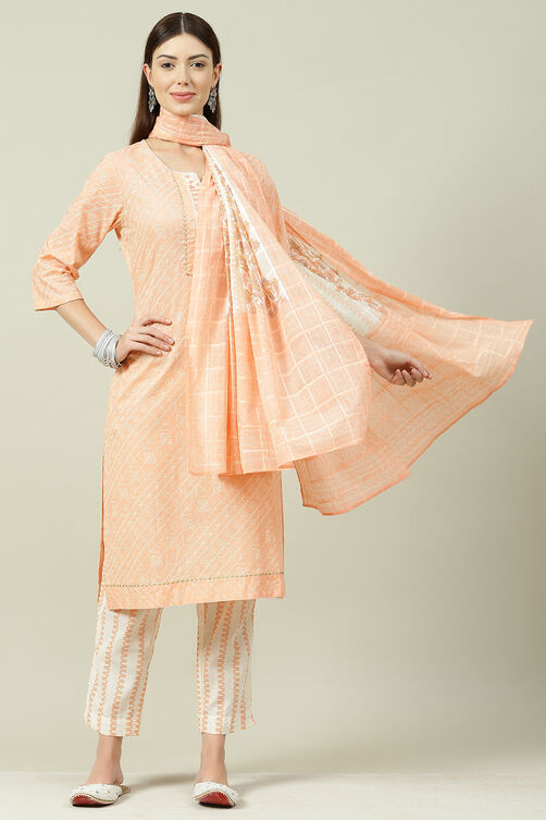 Orange Cotton Screen Print Unstitched Suit Set image number 5
