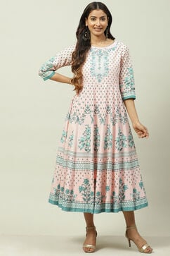 Peach Cotton Flared Fusion Dress image number 0