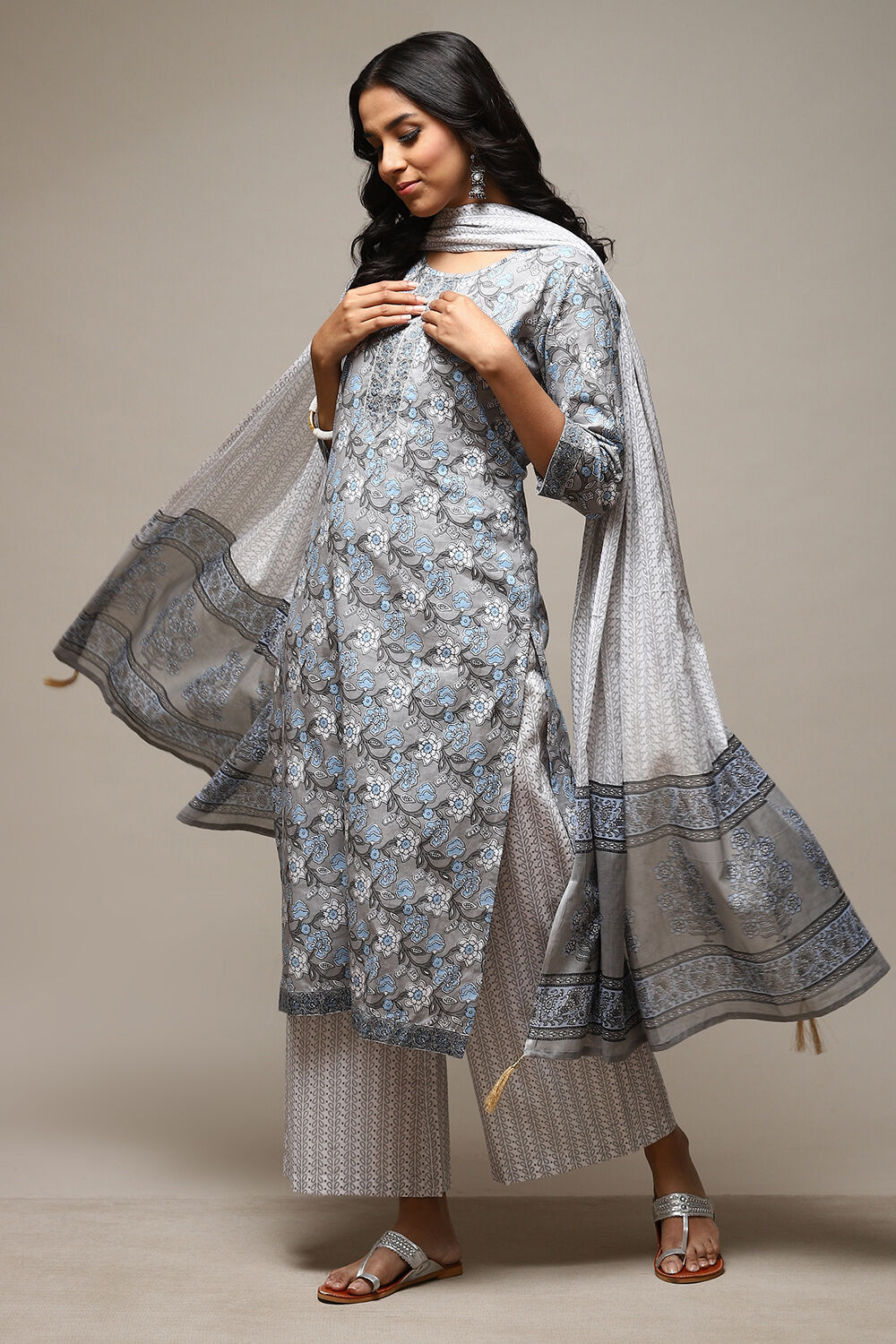 Grey Cotton Hand Block Print Unstitched Suit Set image number 1