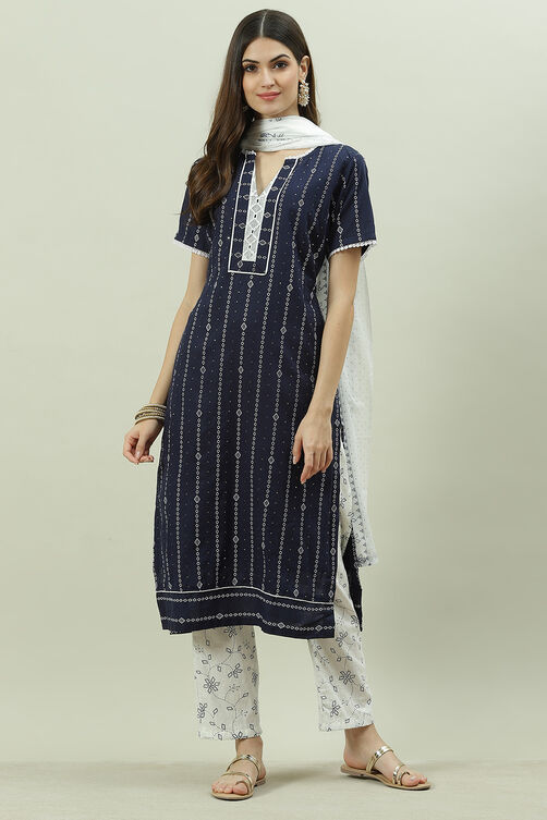 Blue Cotton Power Loom Unstitched Suit Set image number 7
