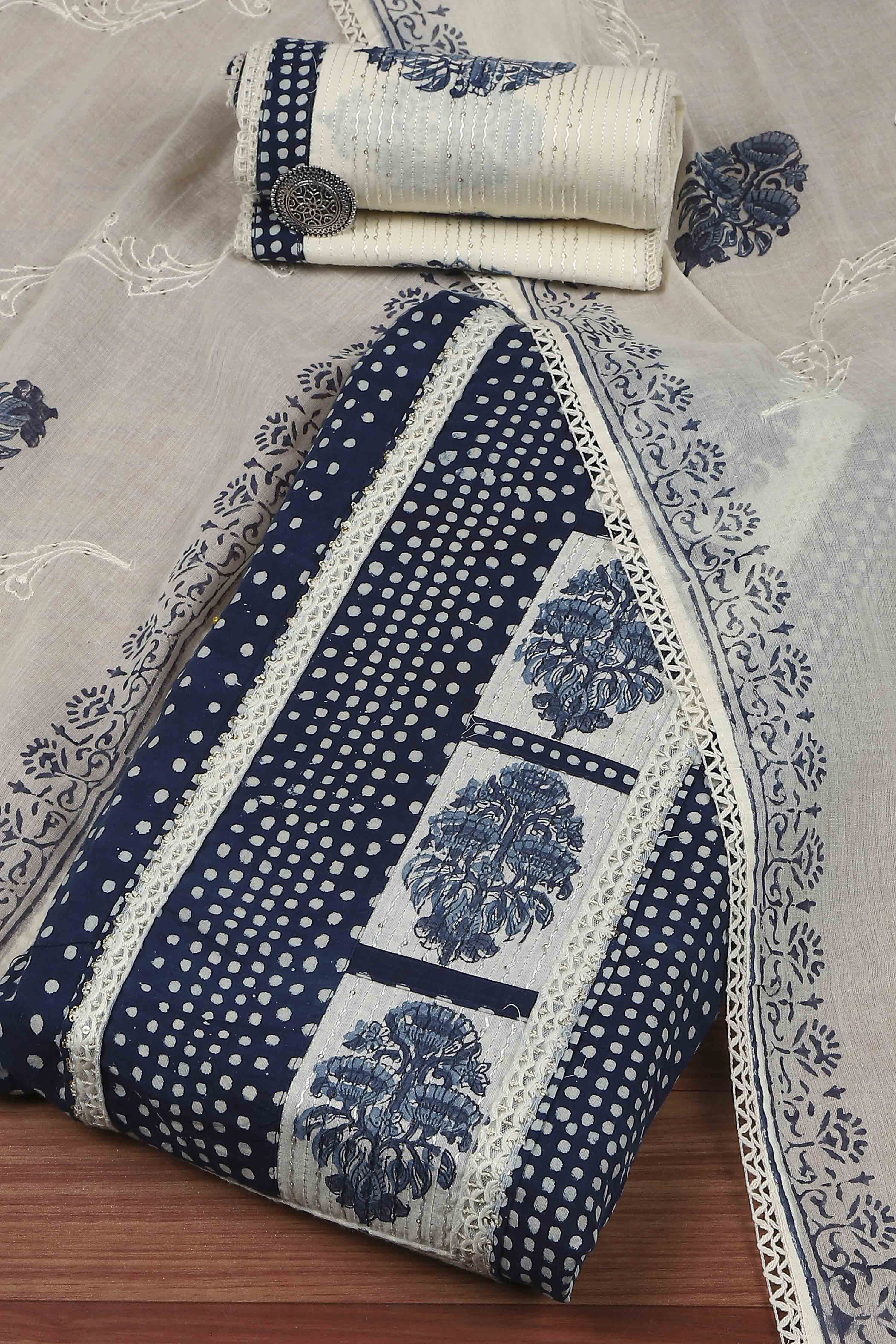 Indigo Cotton Printed Embroidered Unstitched Suit Set image number 0