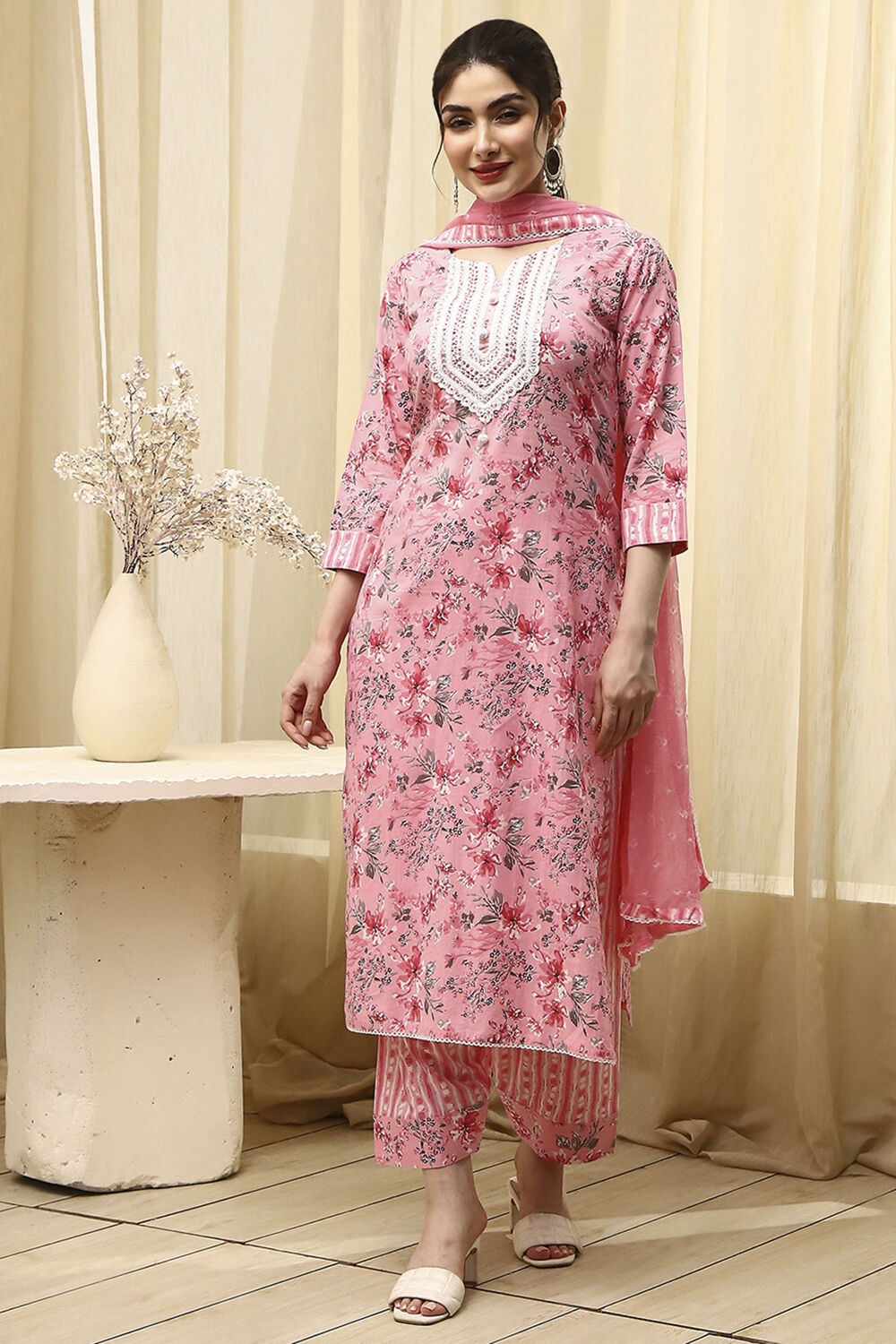 Pink Cotton Printed Embroidered Unstitched Suit Set image number 7