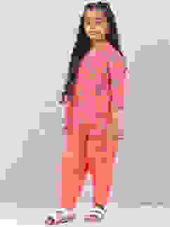 Orange Cotton Flared Printed Kurta Set image number 3