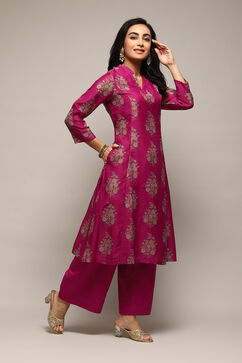 Magenta Cotton Blend A-Line Printed Kurta Palazzo Suit Set image number 5