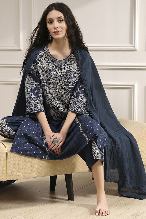 Blue Pure Cotton Printed Straight Suit Set image number 0
