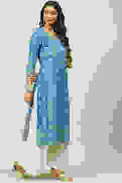 Blue Cotton Straight Kurta image number 3