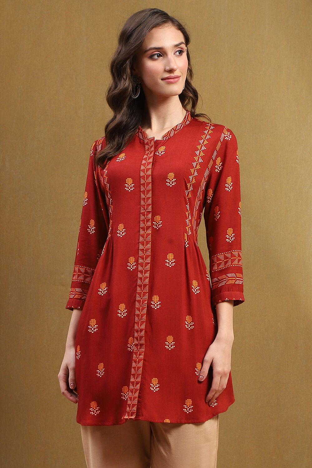 Navy Blue Floral Printed Gathered Short Kurta image number 5