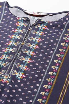 Navy LIVA Straight Printed Kurta image number 1