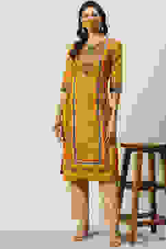 Mustard Cotton Straight Printed Kurta image number 4