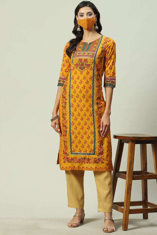 Mustard Cotton Straight Printed Kurta image number 4